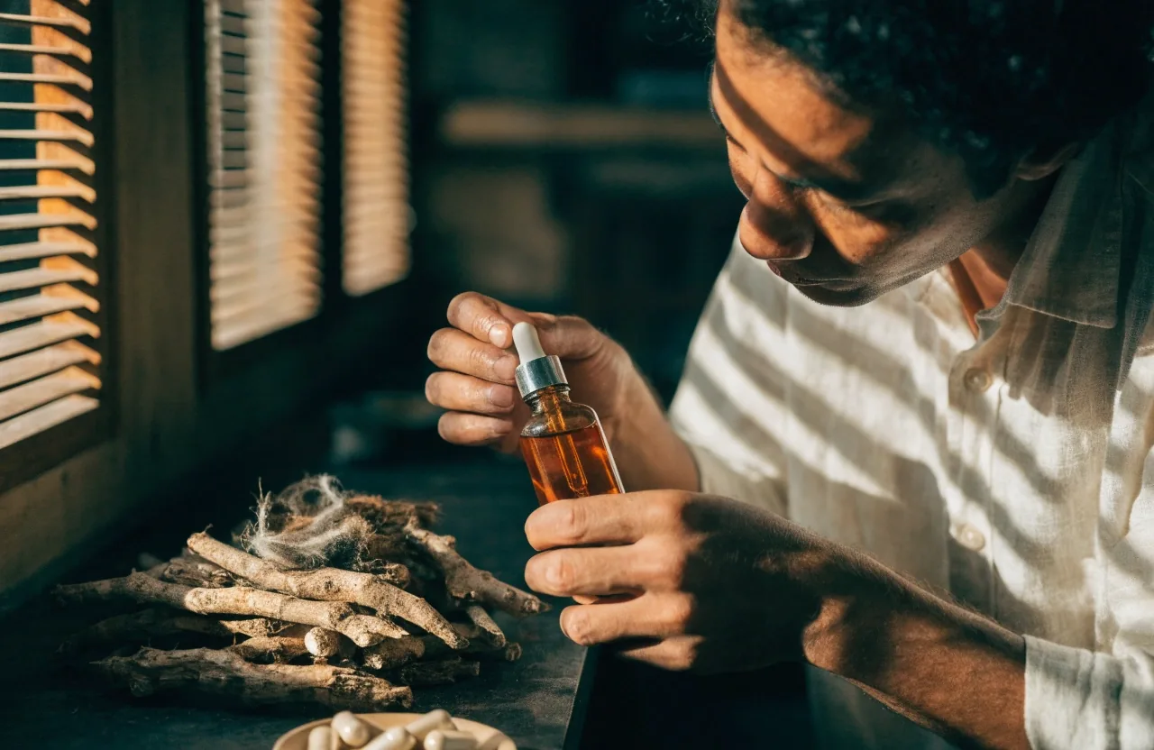 A hand placing an unlabelled capsule beside an amber bottle and dried botanical on a matte work surface