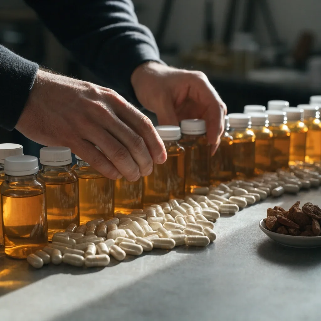 Unlabelled amber bottle shoulders and loose capsules laid on a matte grey work surface under raking daylight