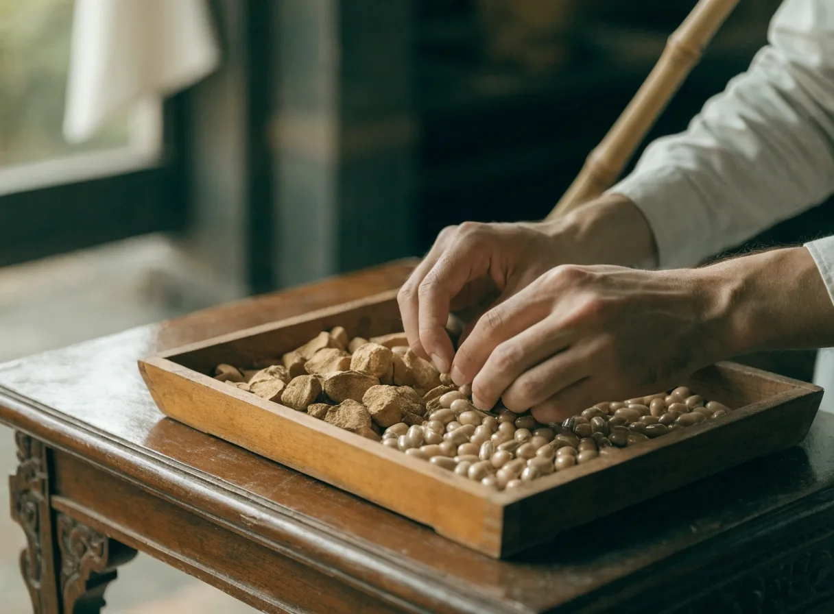 An open drawer holding loose dried botanical material and a small handful of unlabelled capsules on a matte surface