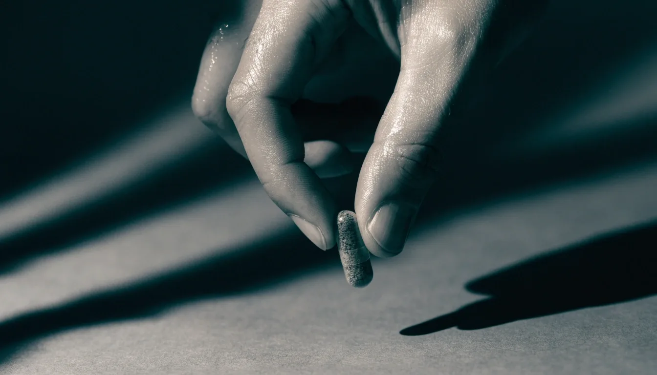 A single unlabelled capsule held between fingers above a matte grey surface, lit from one side