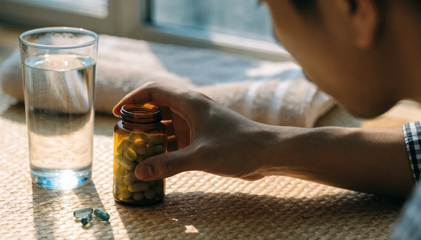 Unlabelled amber bottle and capsules arranged on a matte surface under daylight