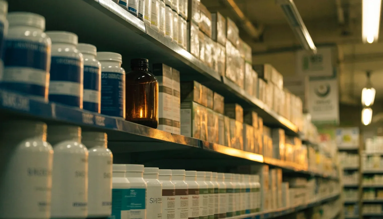 Unbranded supplement containers and boxed multivitamins arranged on a lit pharmacy shelf