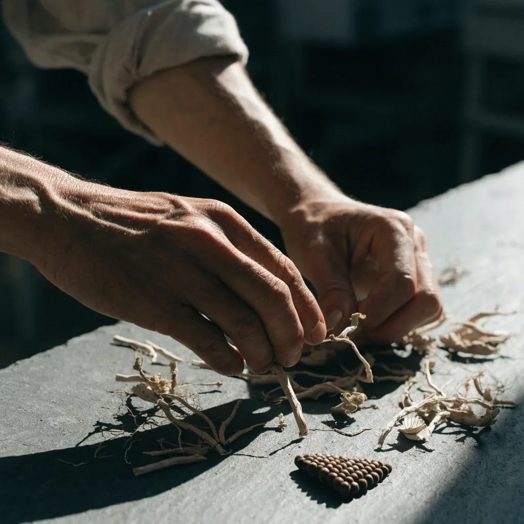 A dried root and a small fan of seed material resting unlabelled on a matte slate surface under raking light.