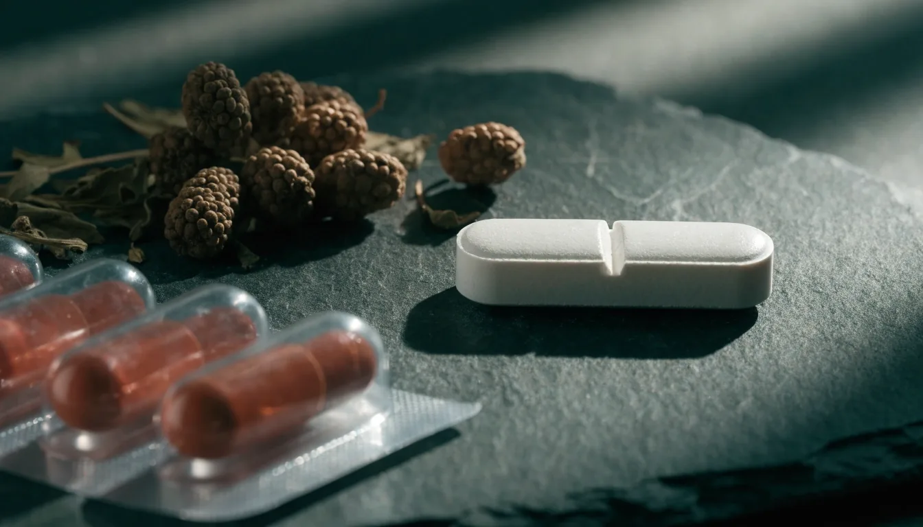 Five unlabelled supplement structures arranged on a matte surface under raking morning light — capsules, an amber dropper bottle, dried botanicals, a scored tablet and a blister edge.