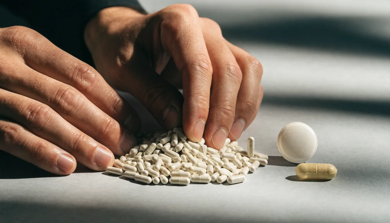 Zinc capsules clustered beside a vitamin C tablet and a B-complex caplet on a matte field, lit raking from the upper left.