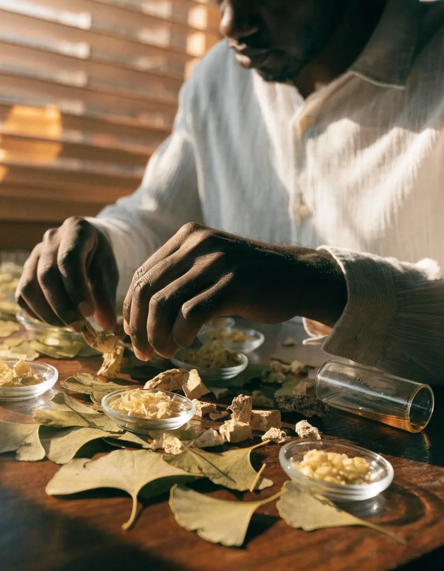 Dried botanical material and a small unlabelled glass vial on a matte surface