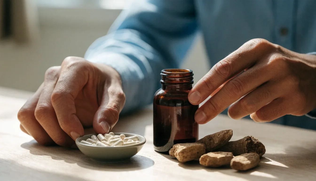 Three groupings of unlabelled supplement structures on matte paper: dry capsules, an amber bottle, and dried botanical matter