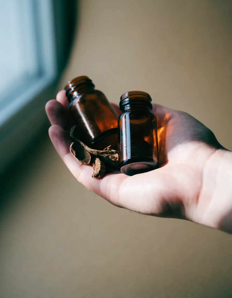 An unlabelled amber dropper bottle standing alone on a matte paper surface under cold daylight