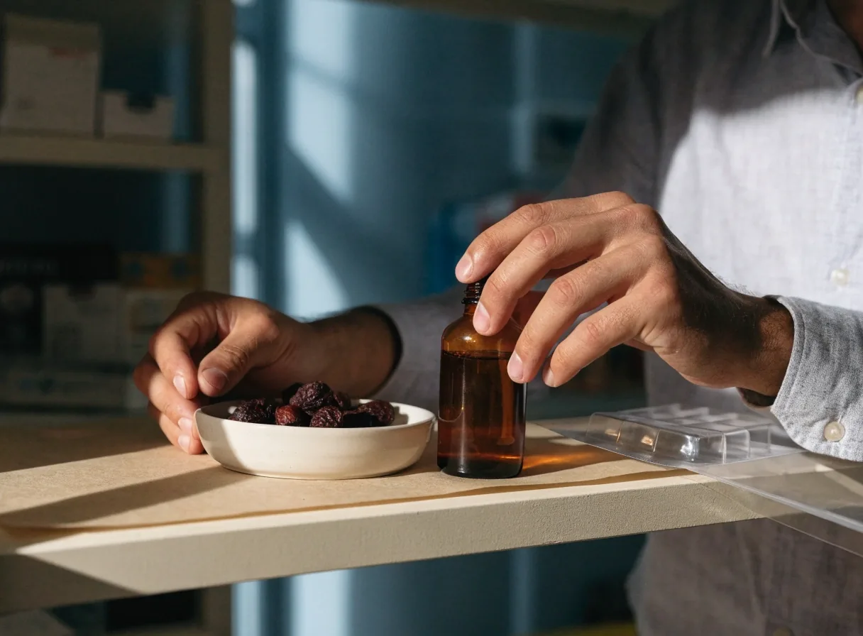 Unlabelled amber bottle, plain capsules, dried root and a blister edge arranged on a matte paper surface under cold daylight